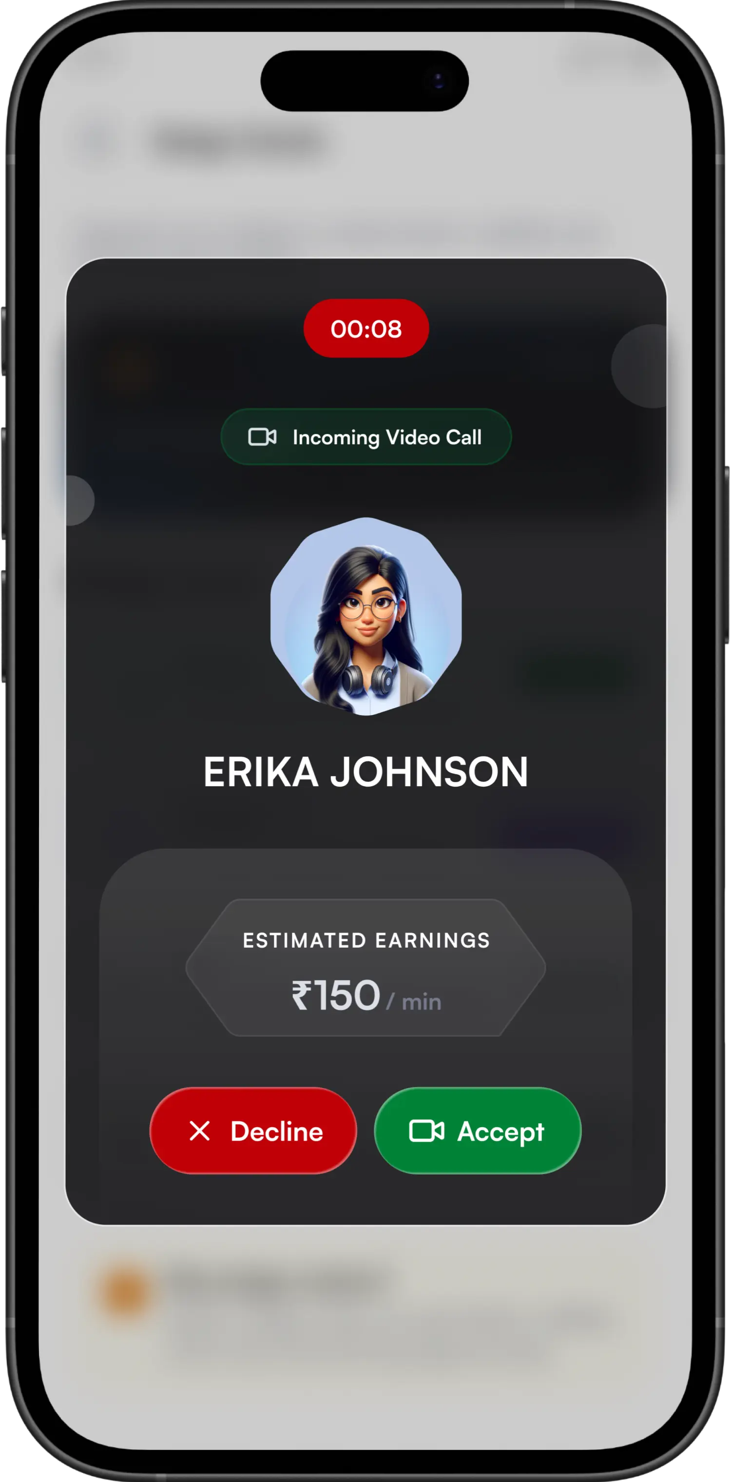 ChanceCall Erika Johnson Incoming Call Interface